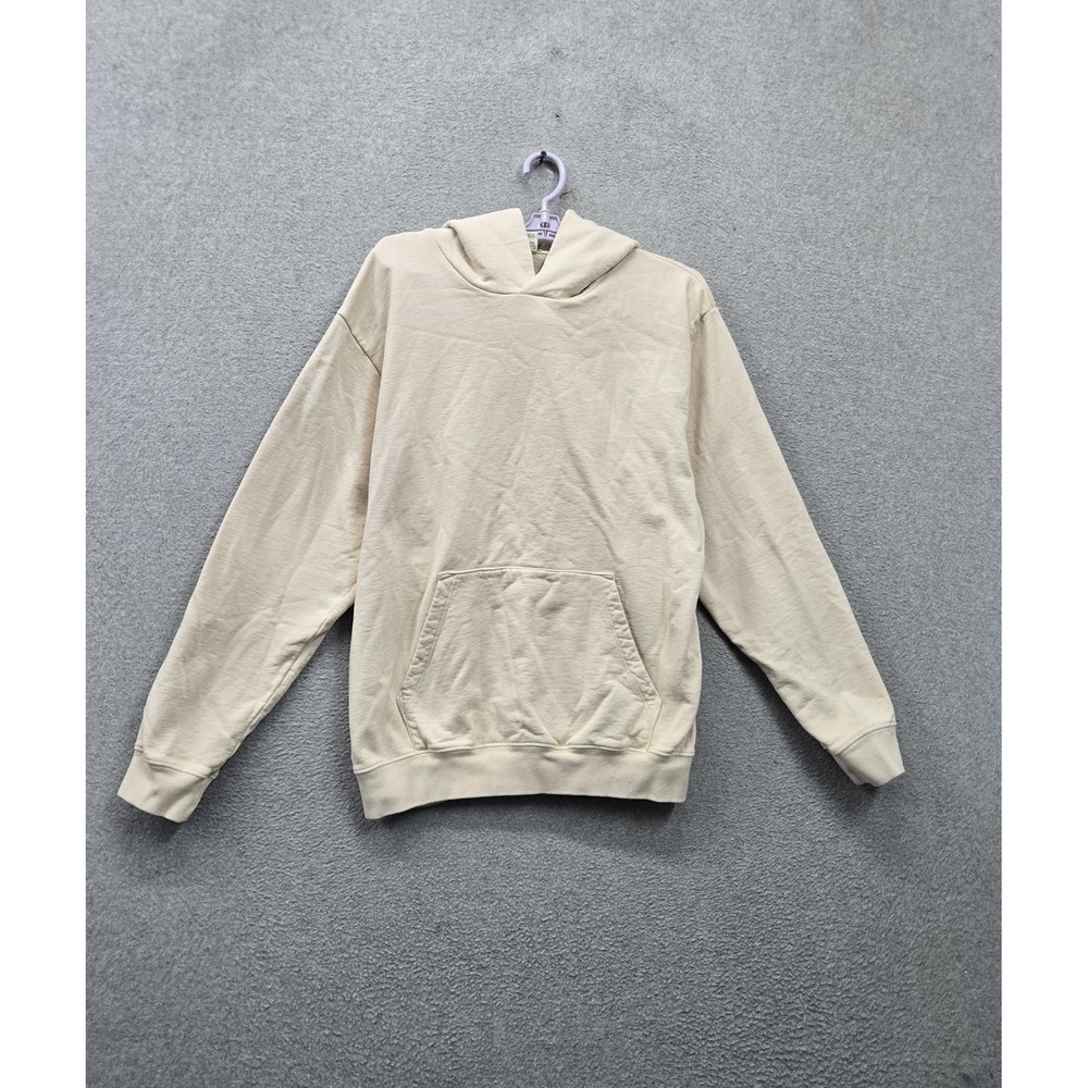 Sporty & Rich Men Hoodie M Ivory Fleece Activewear Pocket Crew Neck Pullover